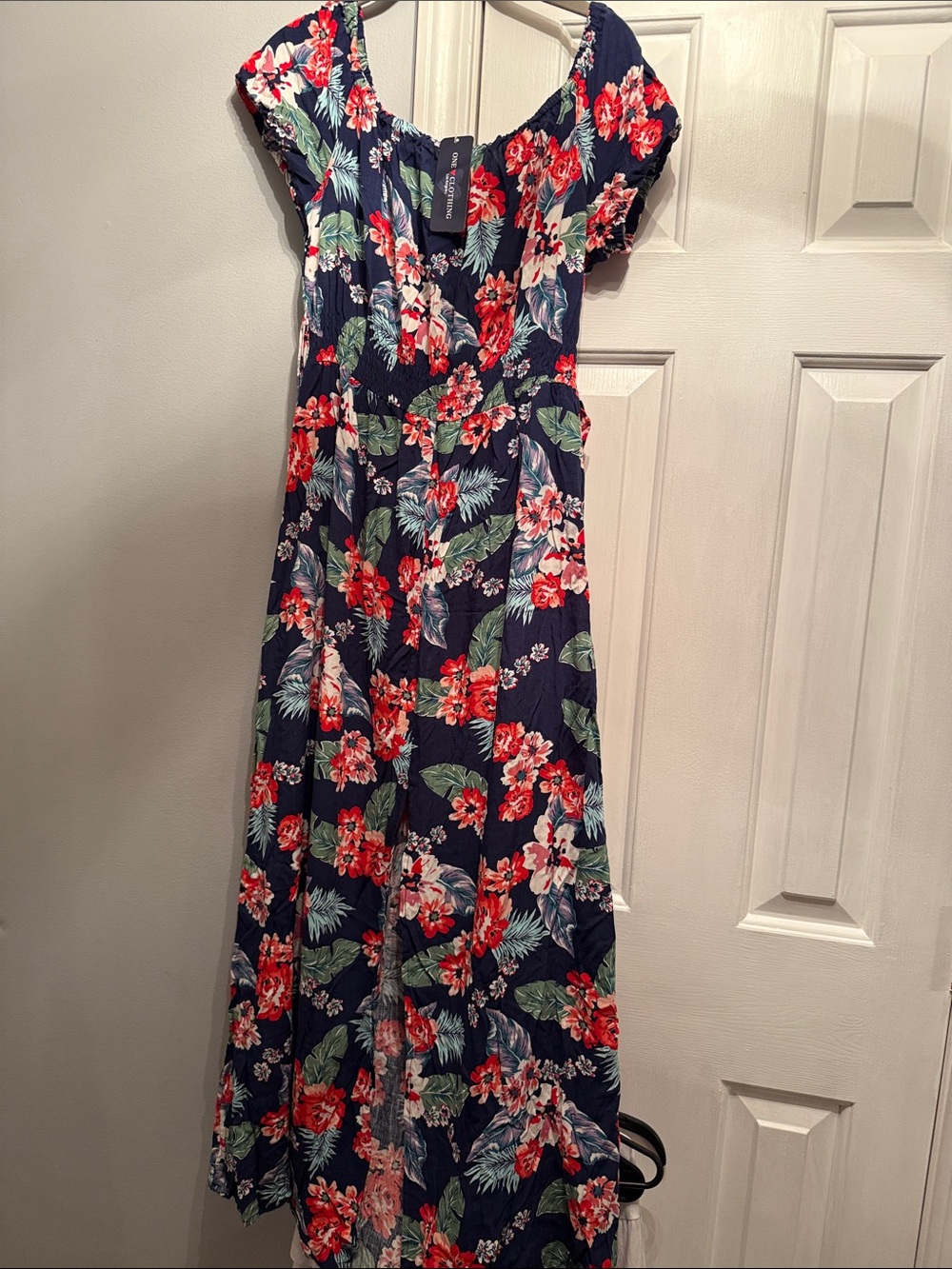 Floral Navy Midi Dress with Puff Sleeves